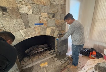 Blocks are laid to add depth to the color plaster fireplaces.